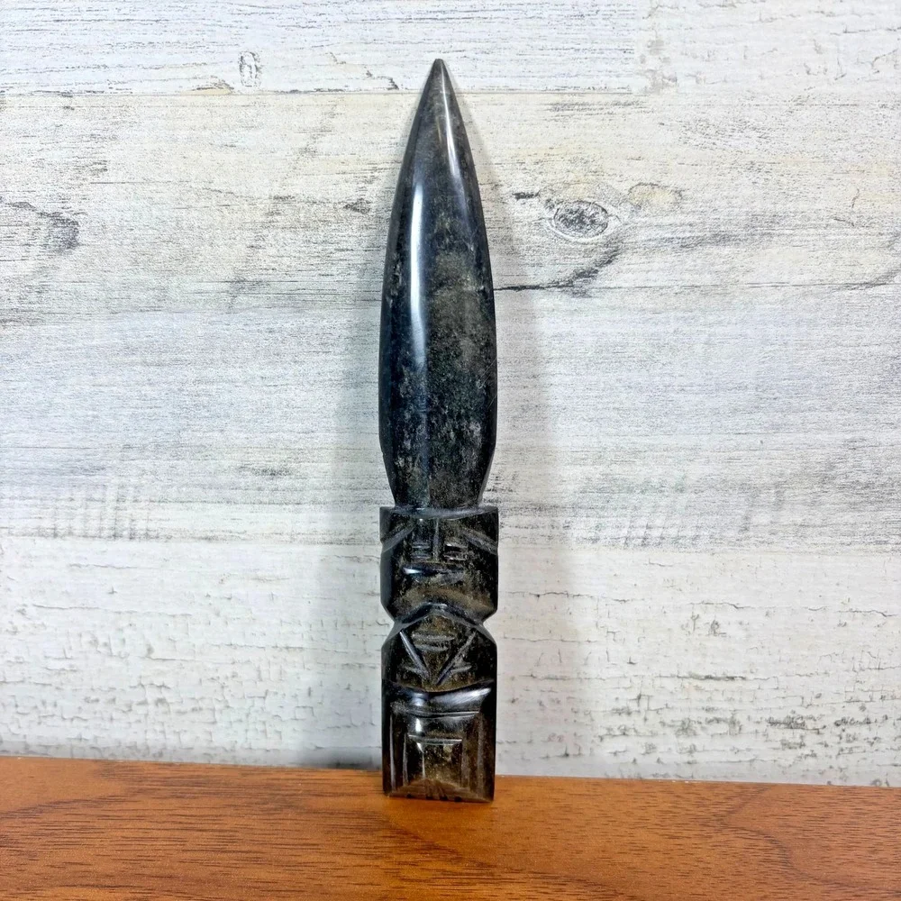 Aztec Obsidian Knife, Green Figural Stone Handle Volcanic Glass 6.5